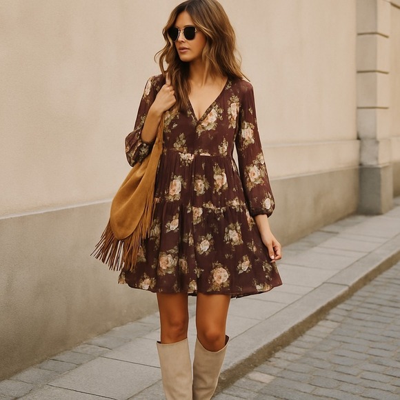 Abercrombie & Fitch Dresses & Skirts - Abercrombie & Fitch‎ Women's Brown Floral Boho Tiered Babydoll Mini Dress Size S